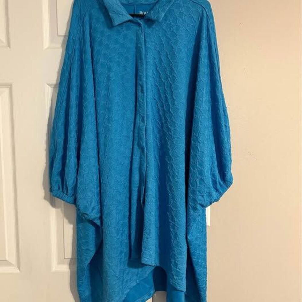 Roamans Women's 30/32 Turquoise Blue Textured Button Front Tunic Top Plus Size